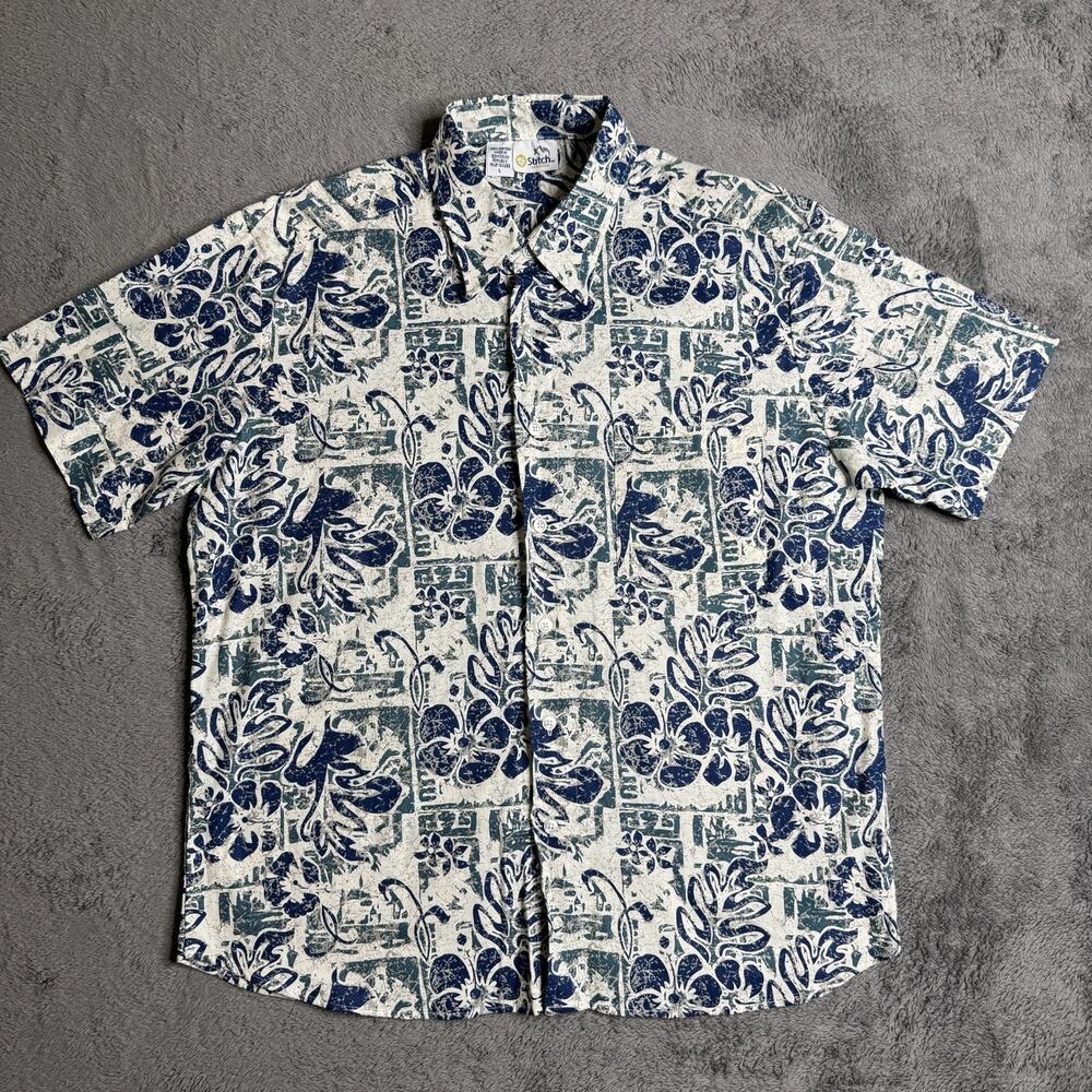 Vintage Stitch Hawaiian Shirt Cotton Knit Mens L Blue White Floral Button Up